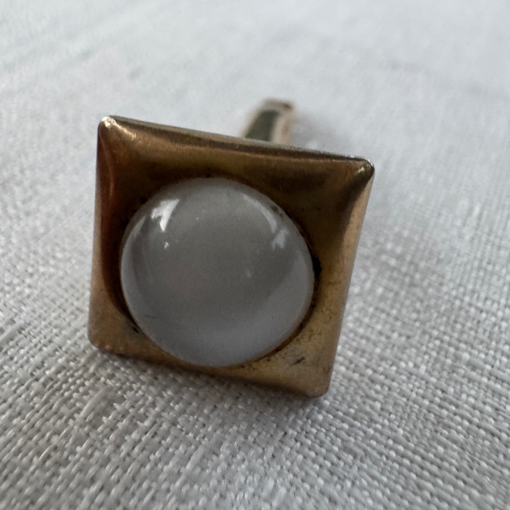 Vintage Tie Tack Men Gold Tone Square Faux Moonstone Mid Century Modern Retro